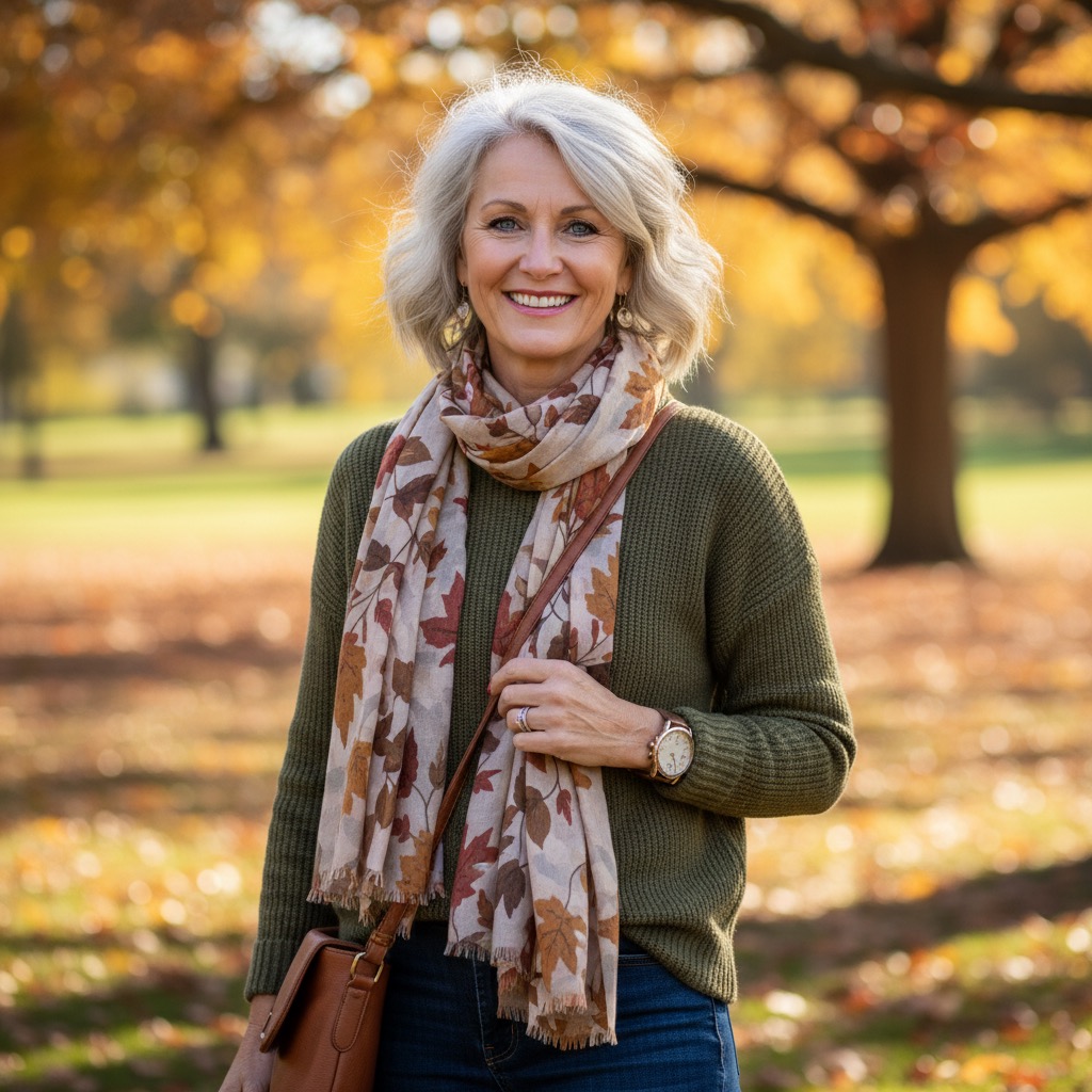 A smiling woman with shoulder-length gray hair wears an olive green sweater and a leaf-patterned scarf in a park during autumn.